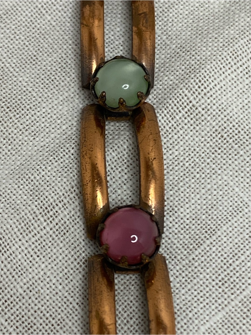 Vintage Copper Tone Moonglow Lucite Cabochon Link Bracelet Pastel MCM - Picture 6 of 16